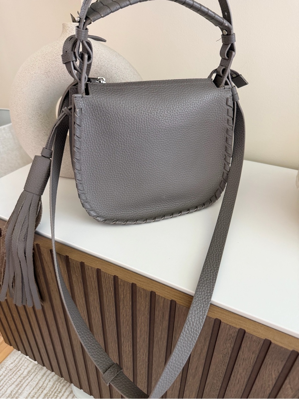 AllSaints Gray Leather Crossbody with Braided Handle and Tassel